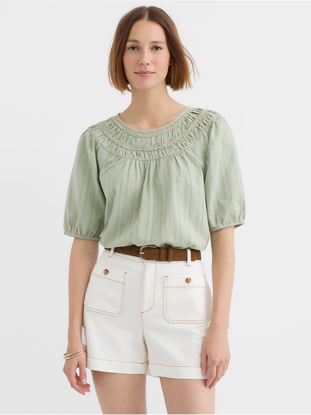LOFT Striped Lace Trim Yoke Puff Sleeve Blouse